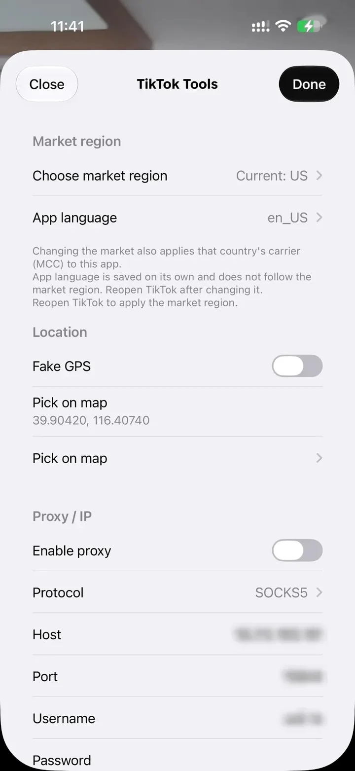 每个分身自带的“TikTok 工具”:市场区、App 语言、虚拟定位、代理 IP 一屏设置
