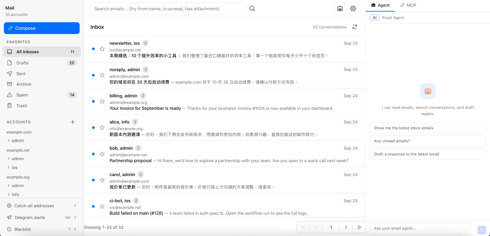 网页界面:左侧按域名分组的多个账户,中间是合并所有邮箱的收件箱,右侧是 AI 助手